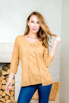 3/4 Sleeve Ring Front Cardigan with Layered Insert and Perforated Decorative Scalloped Hem in Gold (SJ171759SHM)