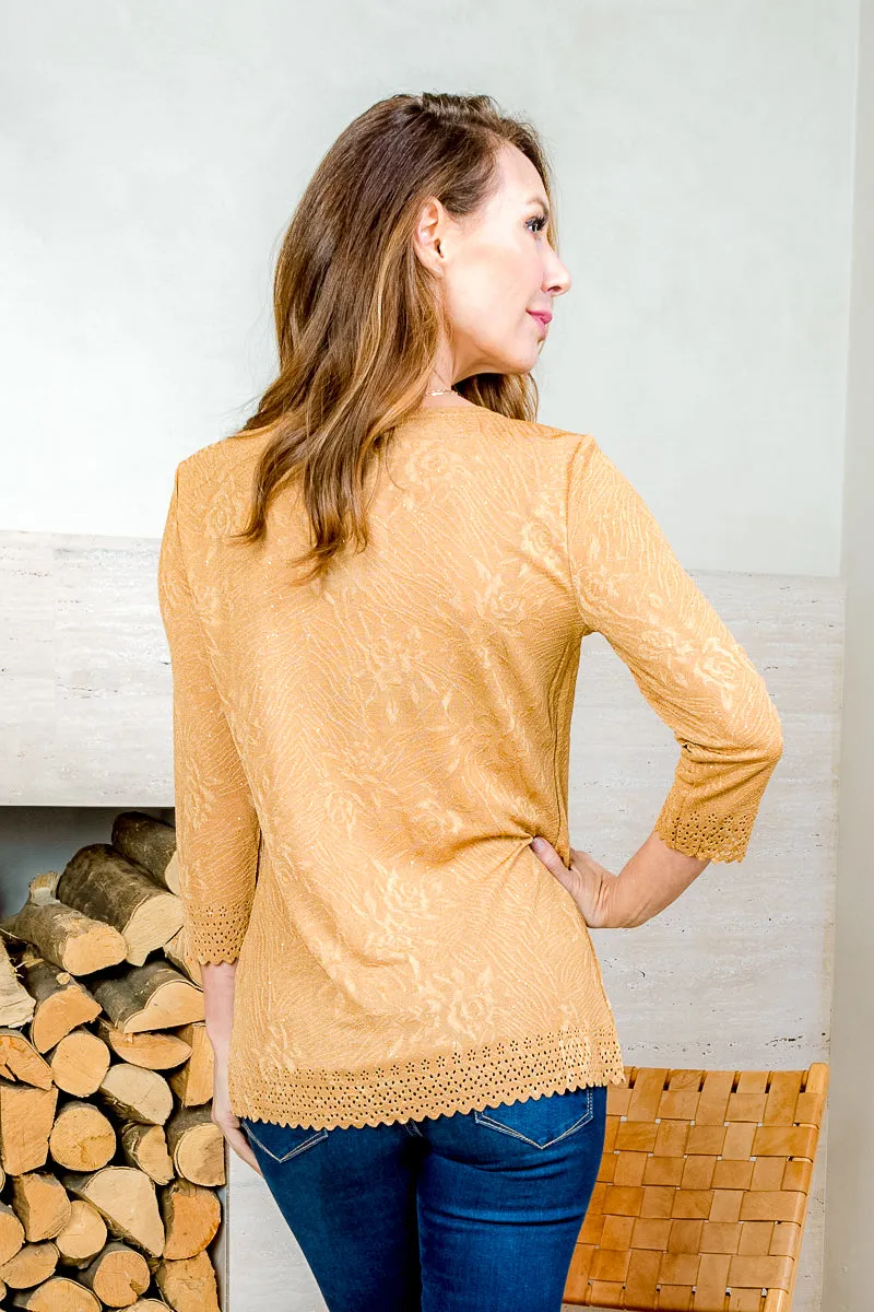 3/4 Sleeve Ring Front Cardigan with Layered Insert and Perforated Decorative Scalloped Hem in Gold (SJ171759SHM)