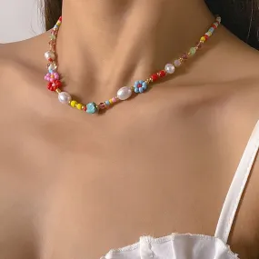 Beaded multicolor faux pearl flower clay choker necklace