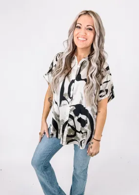 Beige and Black Swirl Print Top