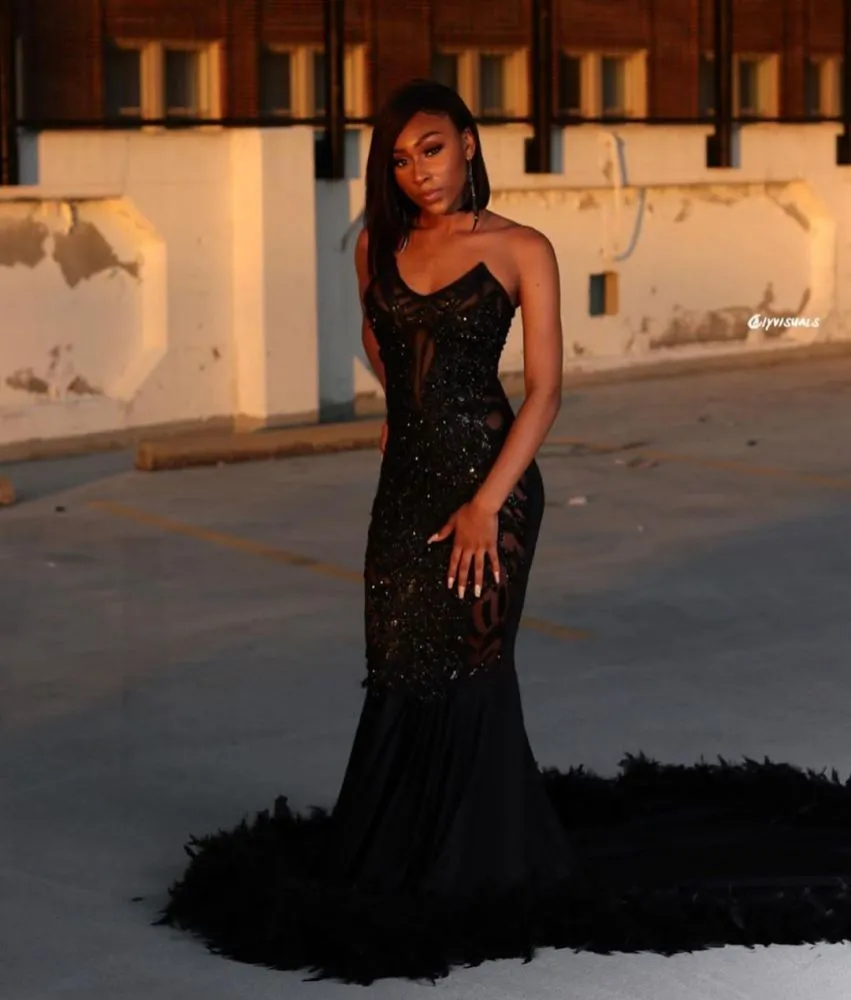 Black Chic Mermaid Prom Party GownsSweetheart Sequined Evening Dress