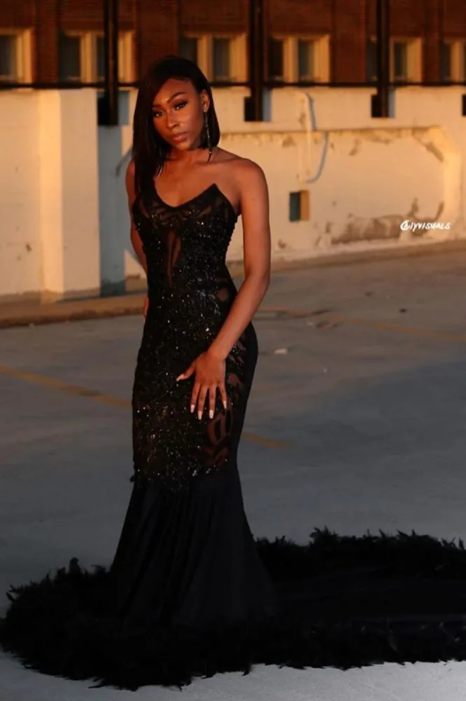 Black Chic Mermaid Prom Party GownsSweetheart Sequined Evening Dress