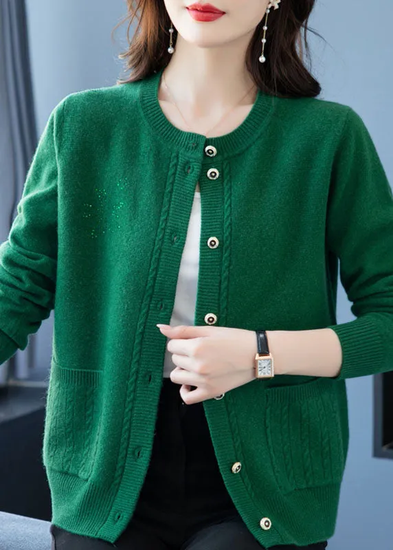 Chic Green Pockets Button Patchwork Thick Wool Loose Coat Fall