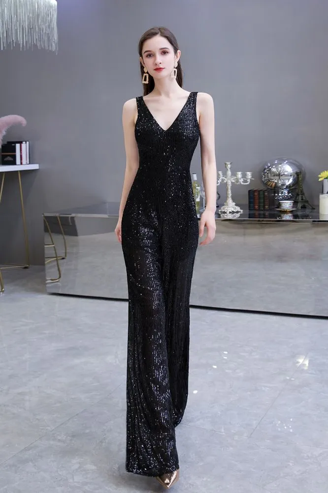 Chic Shining V-neck Silver Sequin Sleeveless Prom Jumpsuit