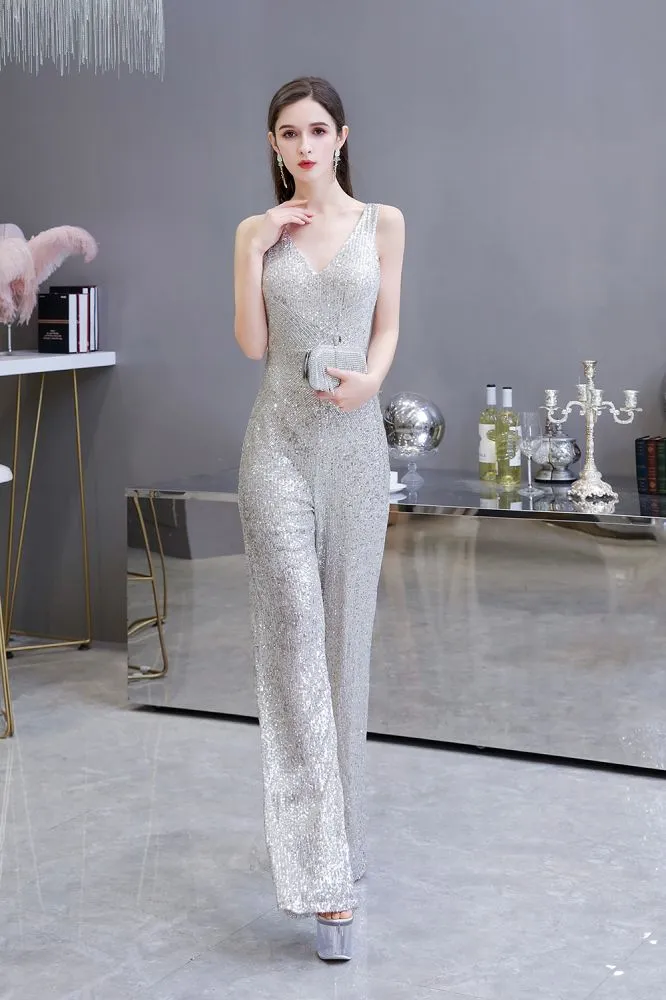 Chic Shining V-neck Silver Sequin Sleeveless Prom Jumpsuit