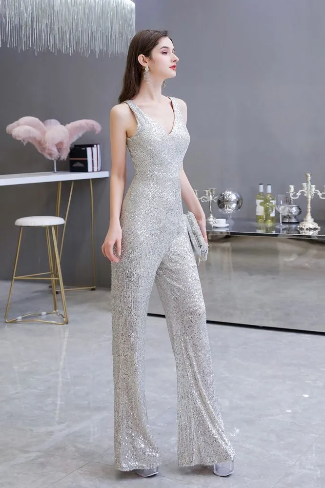 Chic Shining V-neck Silver Sequin Sleeveless Prom Jumpsuit