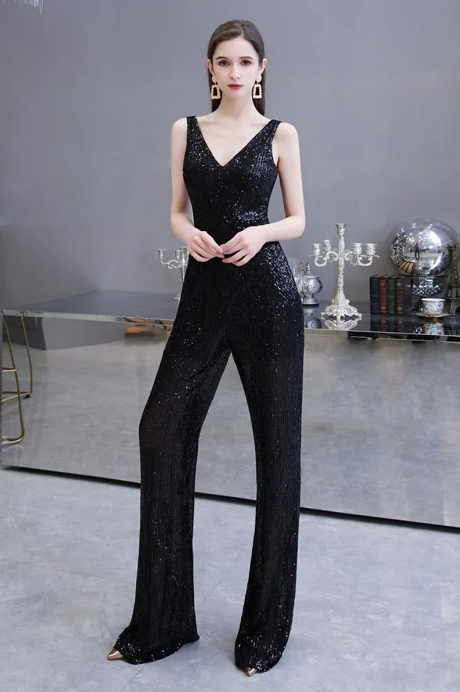 Chic Shining V-neck Silver Sequin Sleeveless Prom Jumpsuit