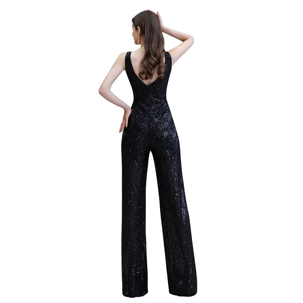 Chic Shining V-neck Silver Sequin Sleeveless Prom Jumpsuit