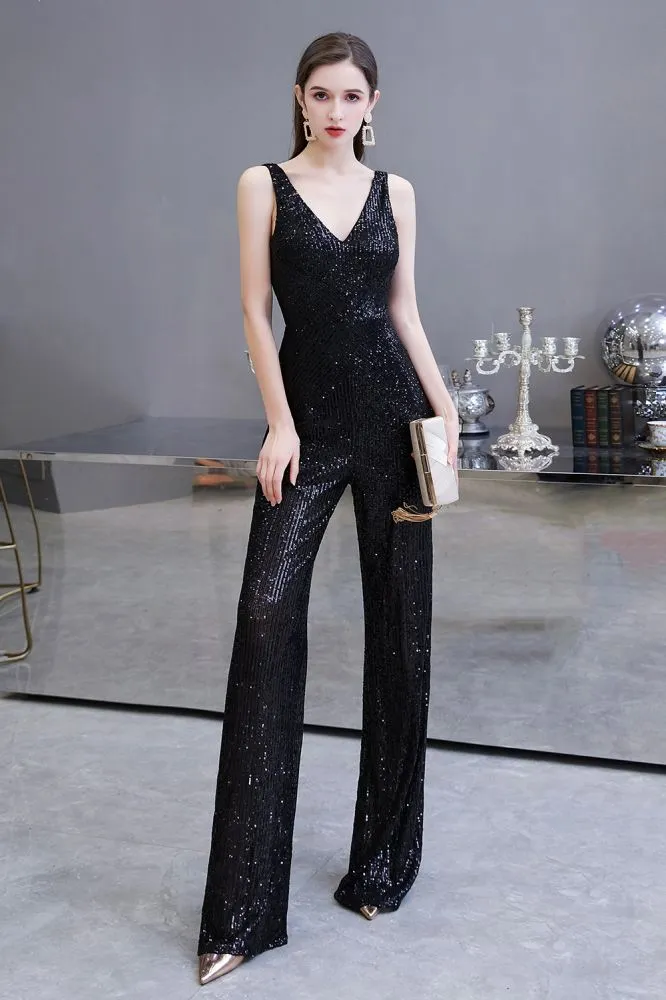 Chic Shining V-neck Silver Sequin Sleeveless Prom Jumpsuit