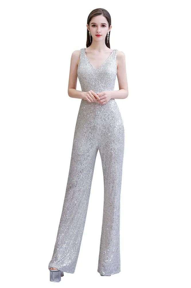 Chic Shining V-neck Silver Sequin Sleeveless Prom Jumpsuit