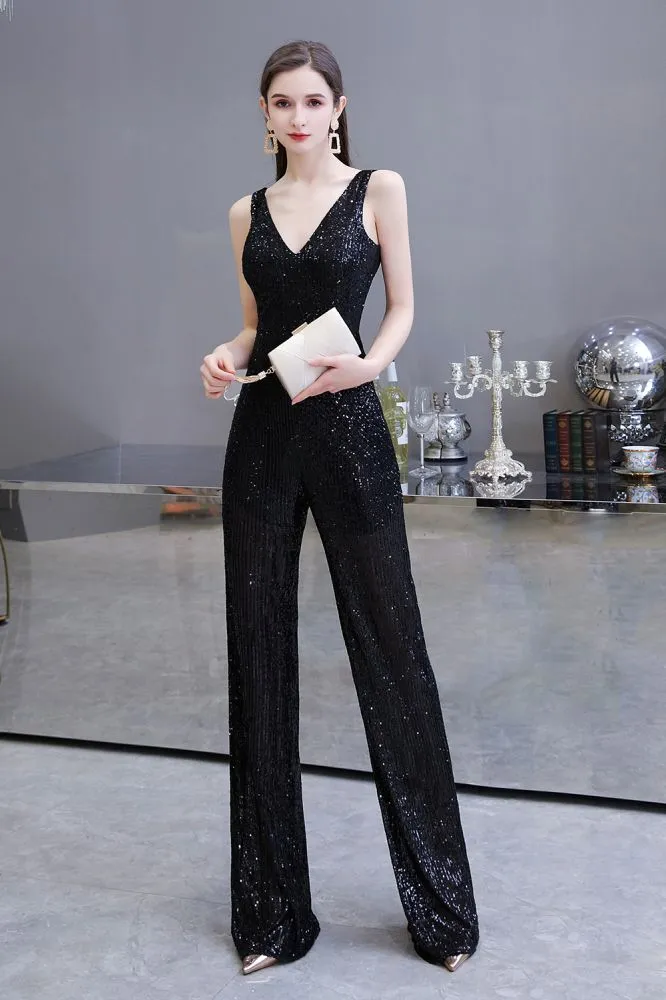 Chic Shining V-neck Silver Sequin Sleeveless Prom Jumpsuit