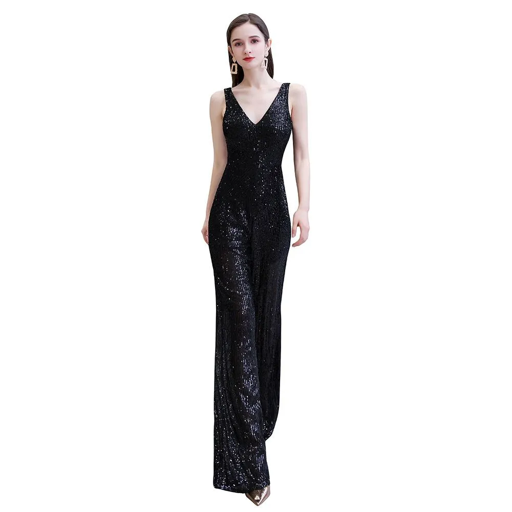 Chic Shining V-neck Silver Sequin Sleeveless Prom Jumpsuit