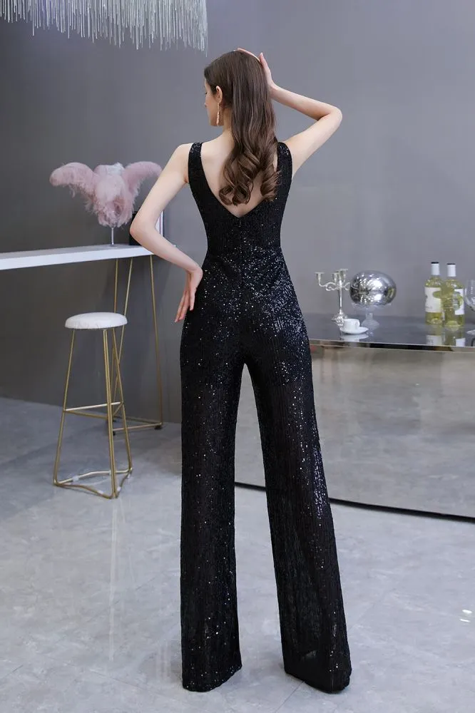 Chic Shining V-neck Silver Sequin Sleeveless Prom Jumpsuit