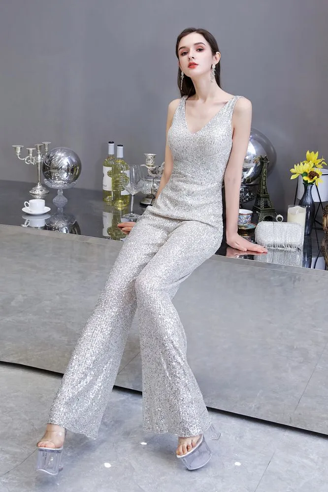 Chic Shining V-neck Silver Sequin Sleeveless Prom Jumpsuit