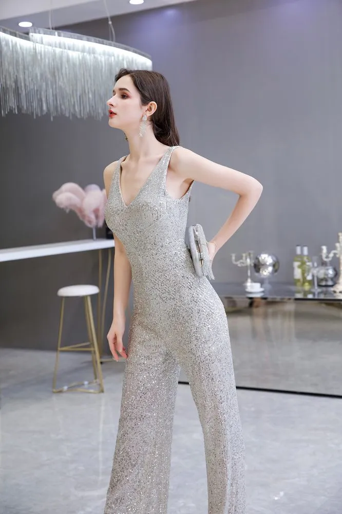 Chic Shining V-neck Silver Sequin Sleeveless Prom Jumpsuit