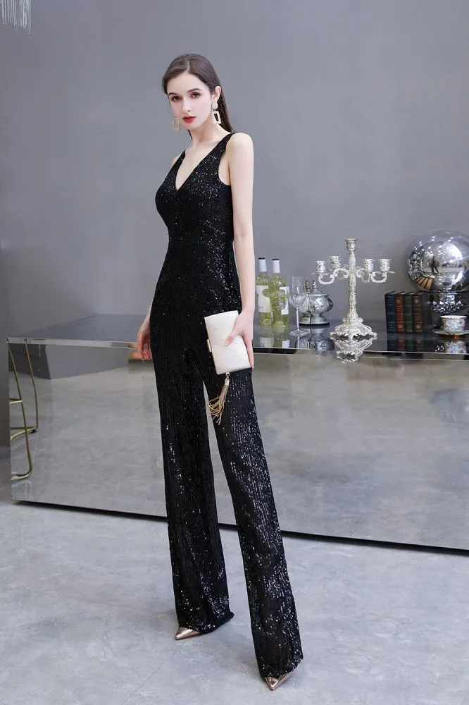 Chic Shining V-neck Silver Sequin Sleeveless Prom Jumpsuit