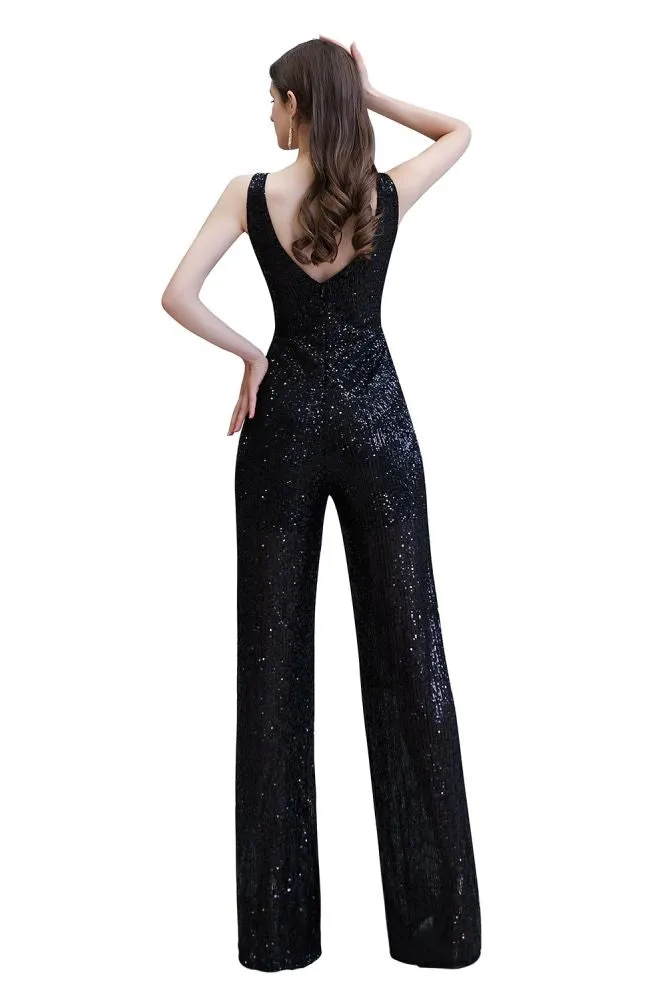 Chic Shining V-neck Silver Sequin Sleeveless Prom Jumpsuit