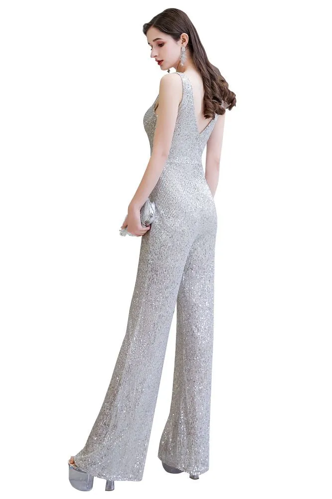 Chic Shining V-neck Silver Sequin Sleeveless Prom Jumpsuit