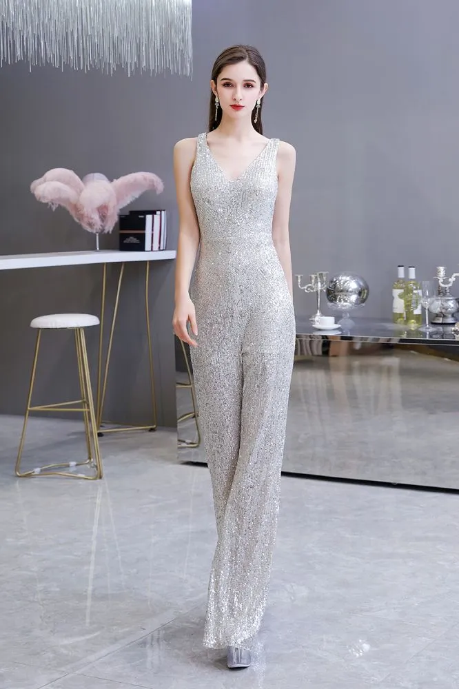 Chic Shining V-neck Silver Sequin Sleeveless Prom Jumpsuit