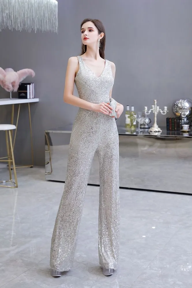 Chic Shining V-neck Silver Sequin Sleeveless Prom Jumpsuit