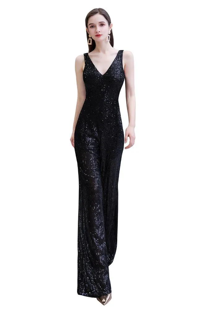 Chic Shining V-neck Silver Sequin Sleeveless Prom Jumpsuit