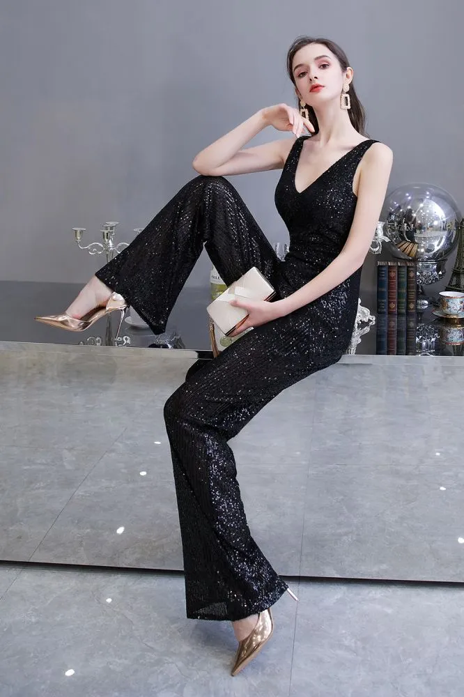 Chic Shining V-neck Silver Sequin Sleeveless Prom Jumpsuit