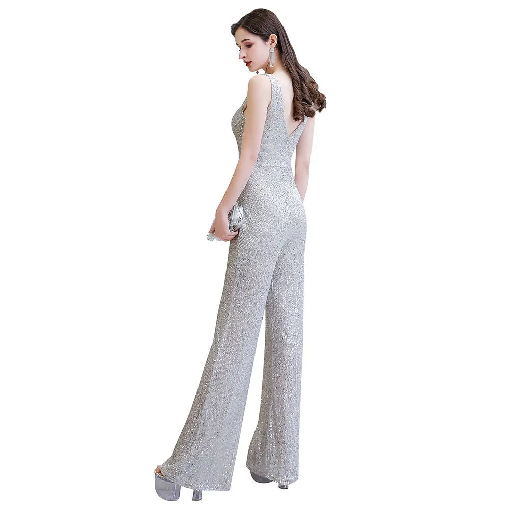 Chic Shining V-neck Silver Sequin Sleeveless Prom Jumpsuit