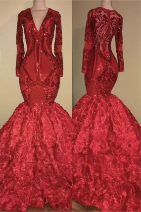 Chic V-neck Sparkle Appliques Fit and Flare Floral Prom Party Gowns| Elegant Long Sleeves Luxurious Scarlet Dress for Prom