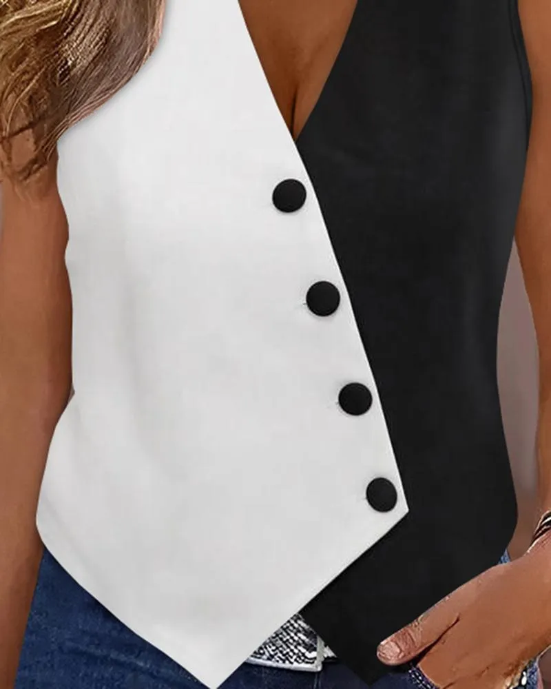 Colorblock Buttoned V Neck Vest Top