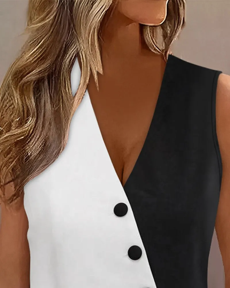 Colorblock Buttoned V Neck Vest Top