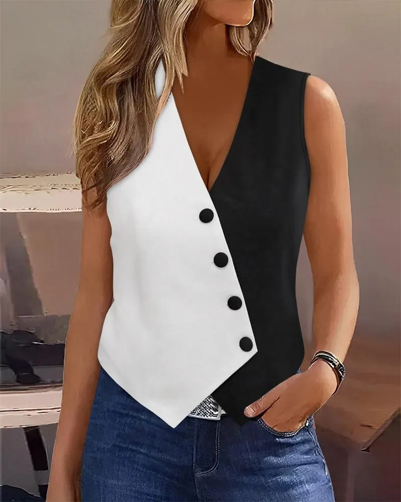 Colorblock Buttoned V Neck Vest Top