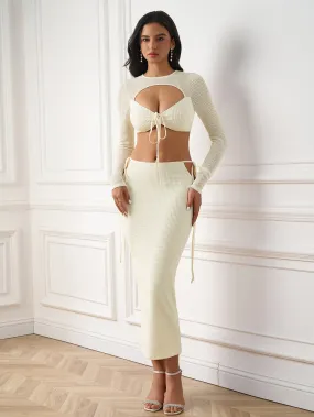 Cut Out Tie Front Crop Top&Bandage Bodycon Knitted Set