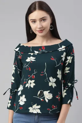 Dark Teal Green Georgette Floral Printed Boat-Neck Top