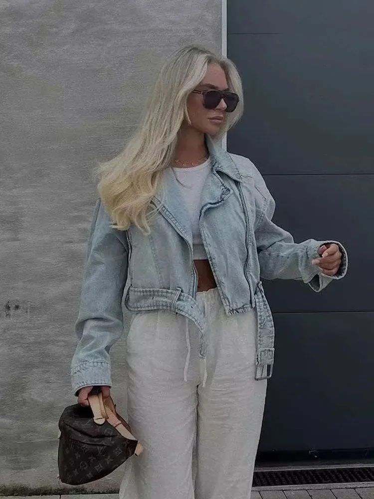 Denim Coat Lapel Long Sleeve Short Jacket Lady Chic Streetwear Jacket