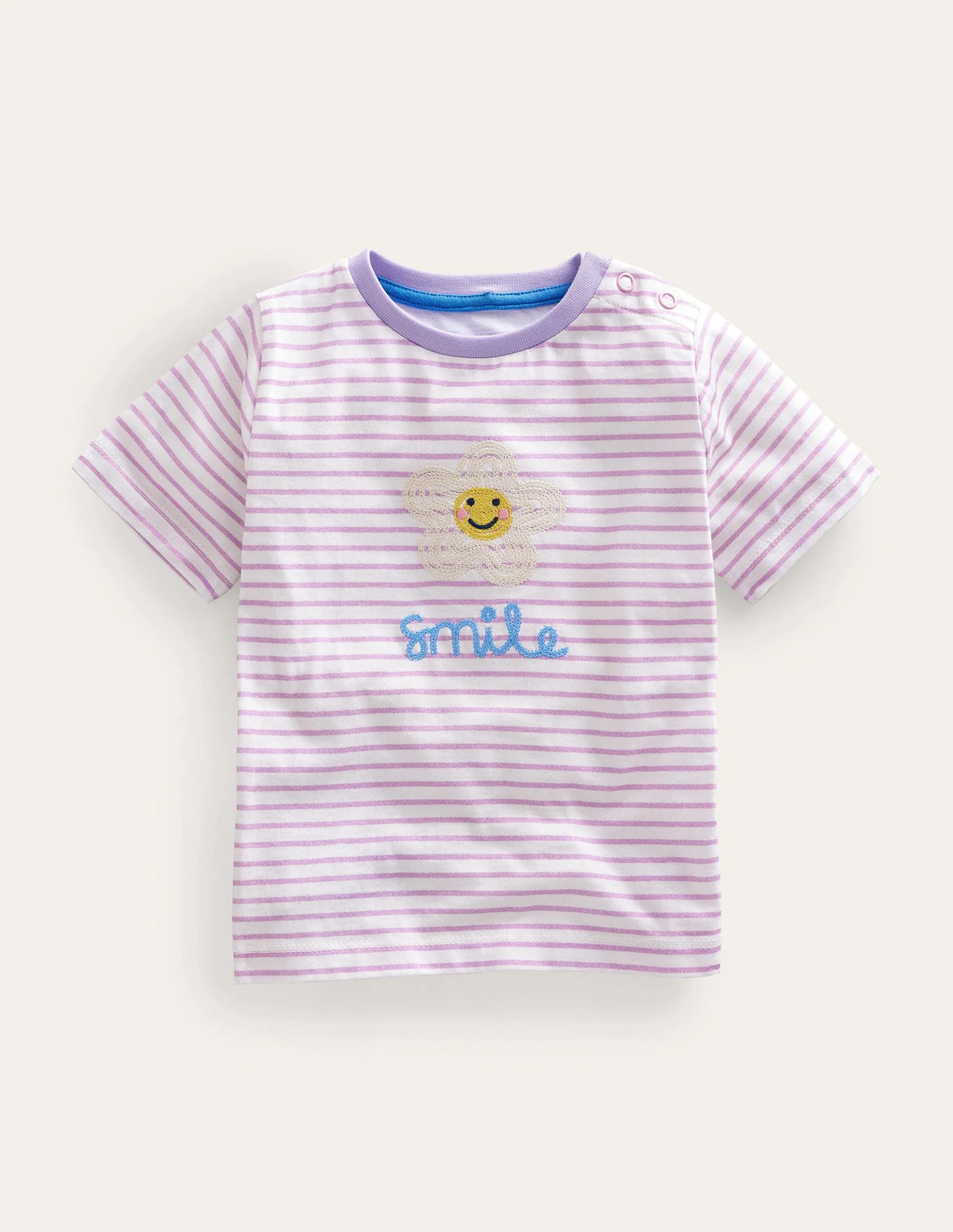 Embroidered Graphic T-shirt-Ivory/Soft Lavender Smile