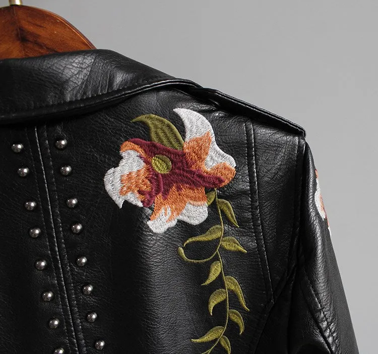 FAB Womens Floral  Print Embroidery Faux Soft Leather  Motor Biker   Motorcycle Black Punk