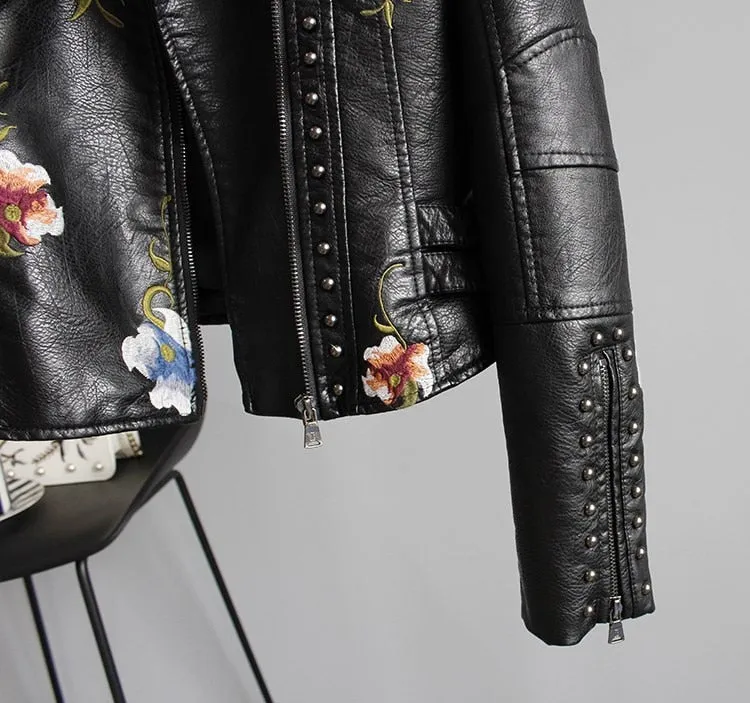 FAB Womens Floral  Print Embroidery Faux Soft Leather  Motor Biker   Motorcycle Black Punk