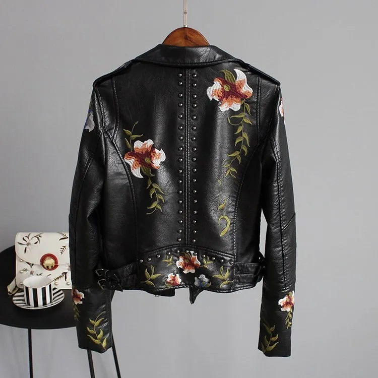 FAB Womens Floral  Print Embroidery Faux Soft Leather  Motor Biker   Motorcycle Black Punk