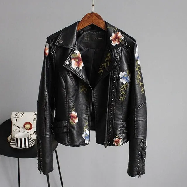 FAB Womens Floral  Print Embroidery Faux Soft Leather  Motor Biker   Motorcycle Black Punk