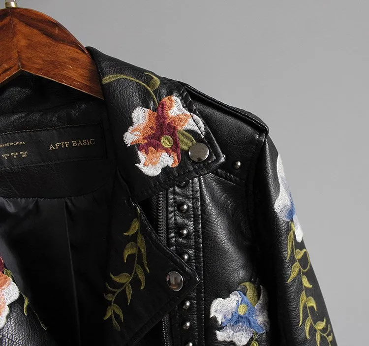 FAB Womens Floral  Print Embroidery Faux Soft Leather  Motor Biker   Motorcycle Black Punk