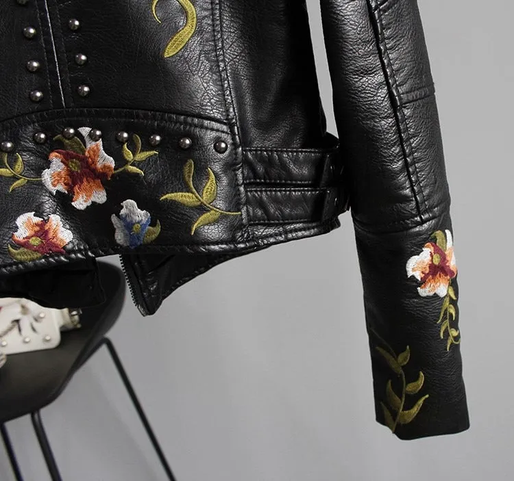 FAB Womens Floral  Print Embroidery Faux Soft Leather  Motor Biker   Motorcycle Black Punk