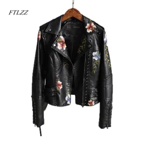 FAB Womens Floral  Print Embroidery Faux Soft Leather  Motor Biker   Motorcycle Black Punk