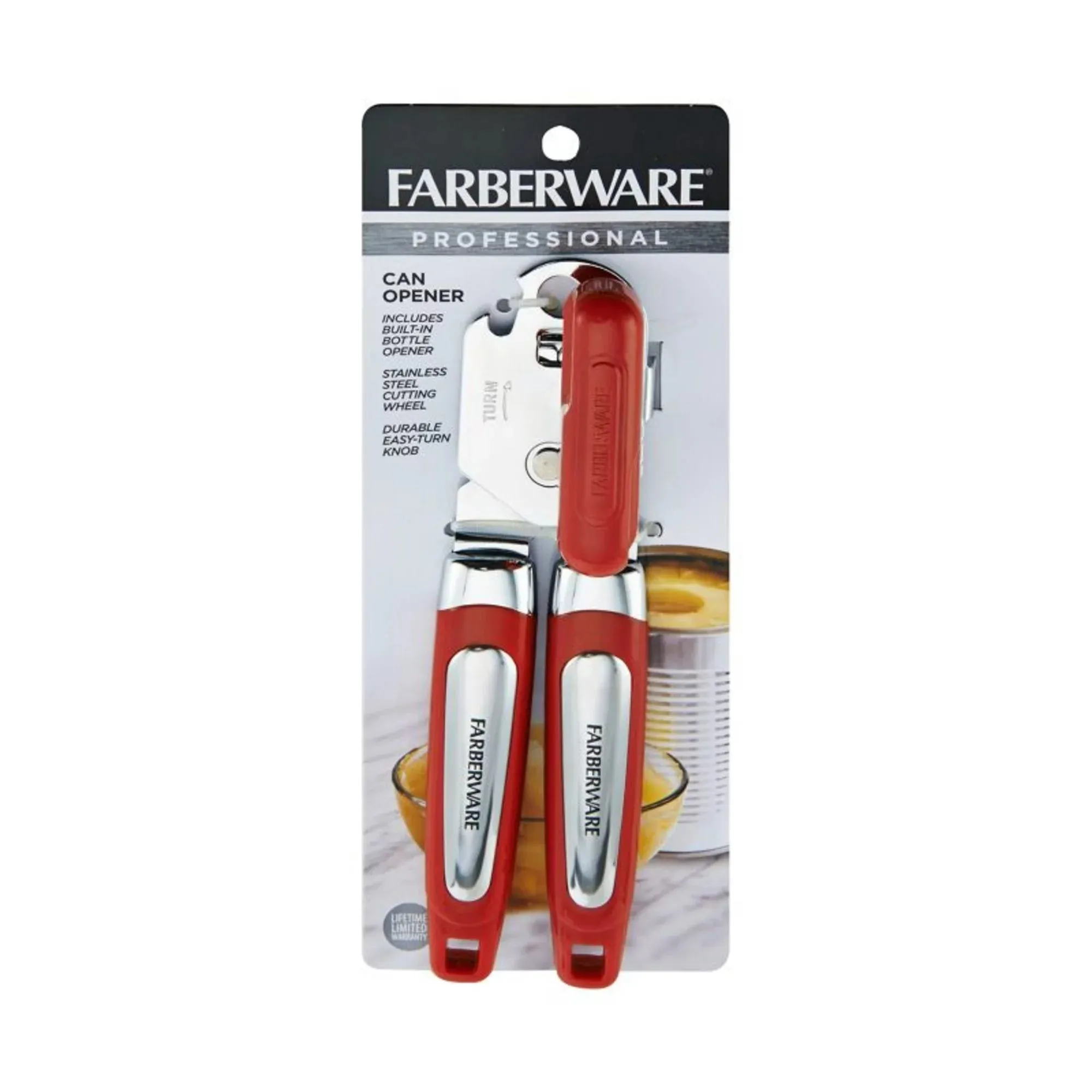 Farberware Professional Can Opener with Built-in Bottle Opener in Red