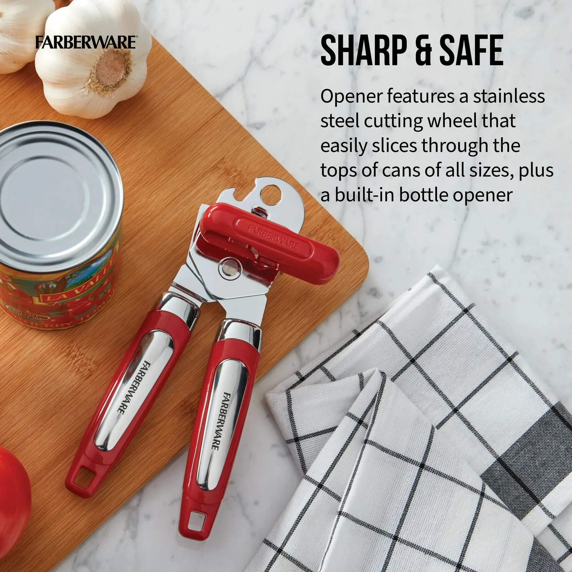 Farberware Professional Can Opener with Built-in Bottle Opener in Red