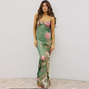 Floral Print Sleeveless V-Neck Slim Long Dress for Summer Beach Party Club Wear