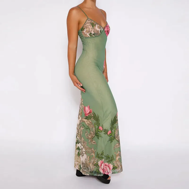 Floral Print Sleeveless V-Neck Slim Long Dress for Summer Beach Party Club Wear