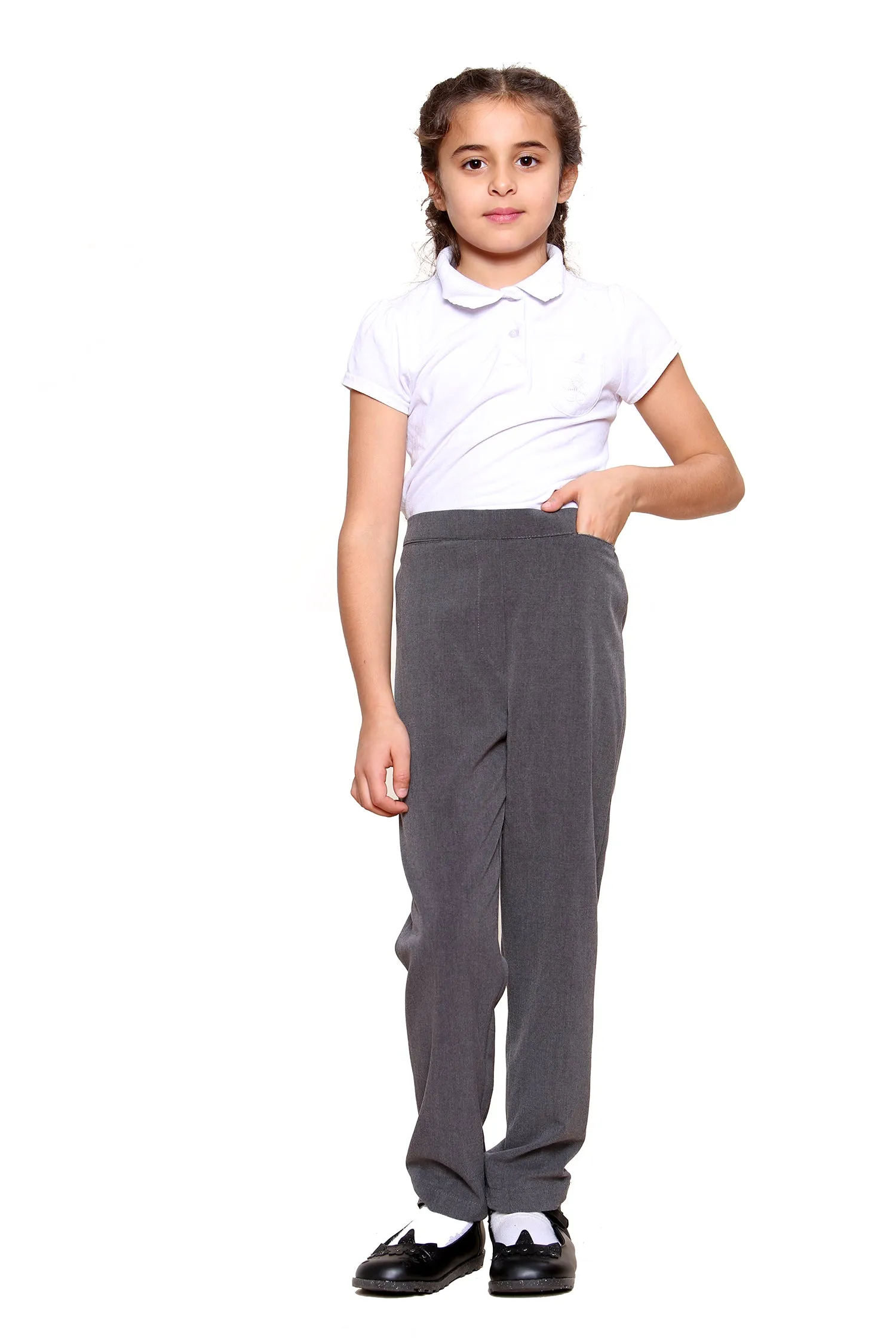 Girls School Uniform Grey Half Elastic Waist Smart Fit Comfortable Trousers Formal Pant