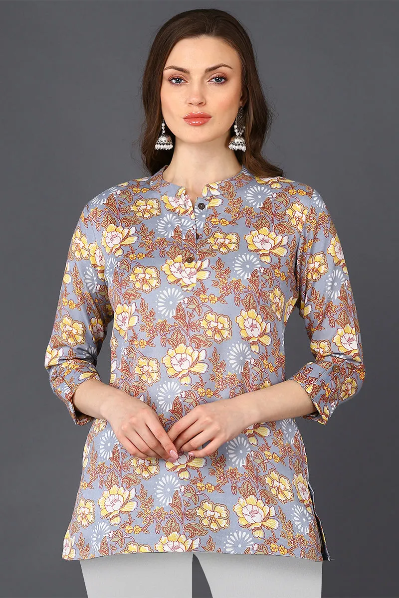 Grey & Brown Cotton Blend Floral Printed Tunic Top