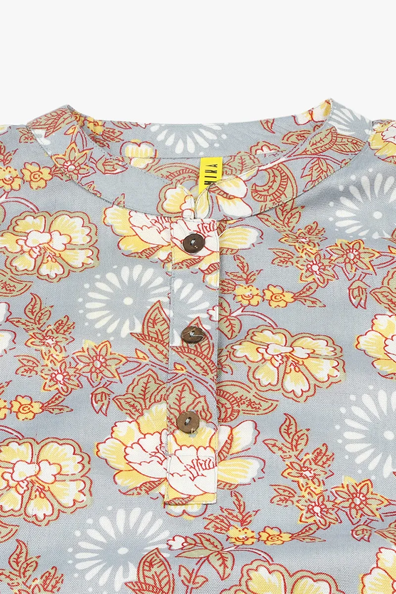 Grey & Brown Cotton Blend Floral Printed Tunic Top