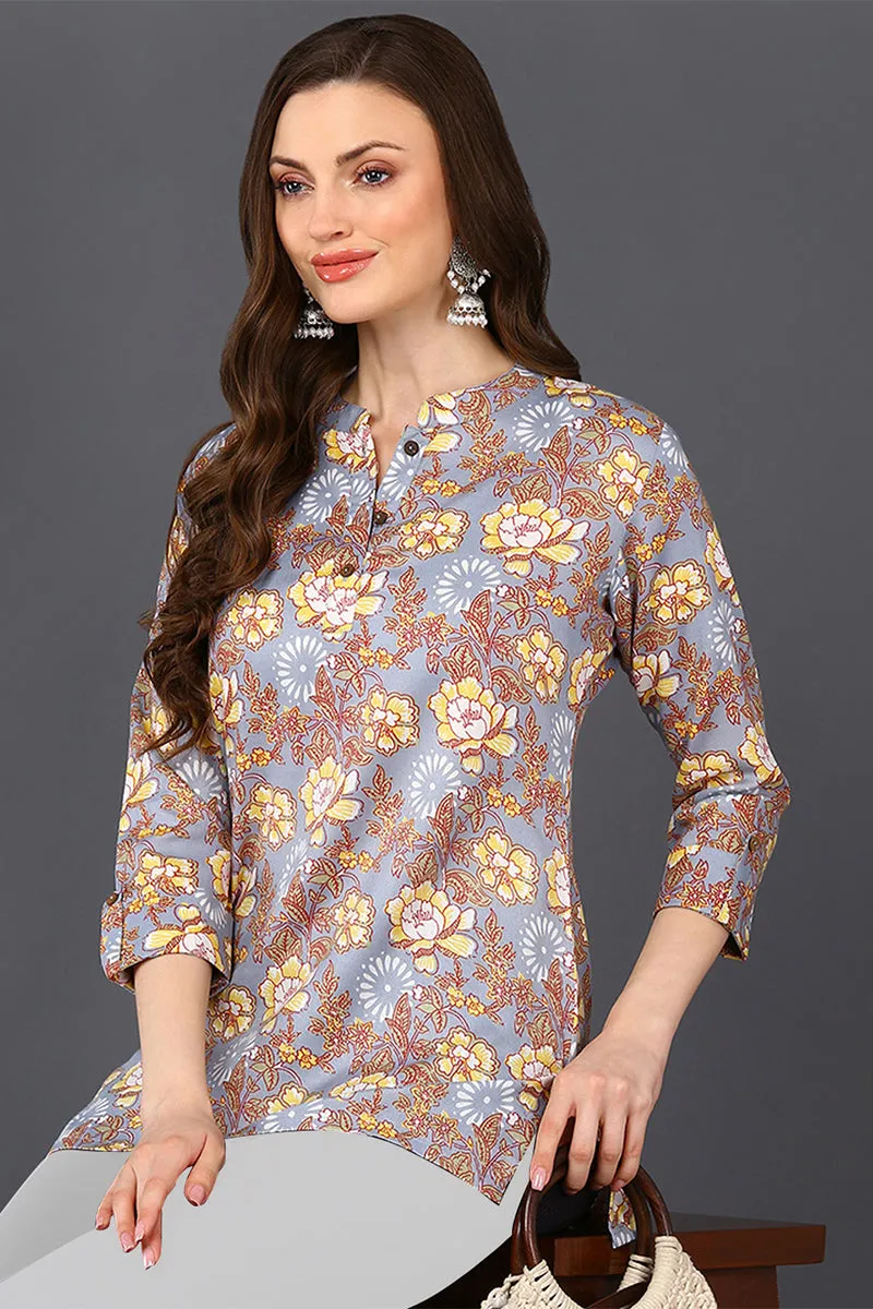 Grey & Brown Cotton Blend Floral Printed Tunic Top